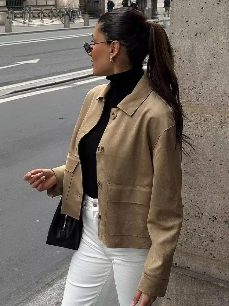 HH Women's Autumn New Fashion Vintage Solid With Pockets Suede Coats Female Lapel Single Breasted High Street Casual Jacket