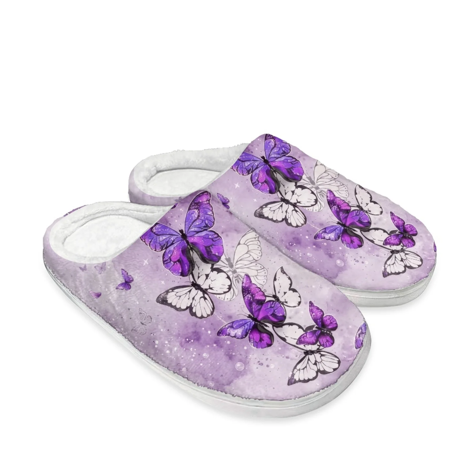 PENSTROLL Purple Butterfly Print Cute Plush Slippers Flat Slippers for Bedroom Slippers For Wide Feet Women