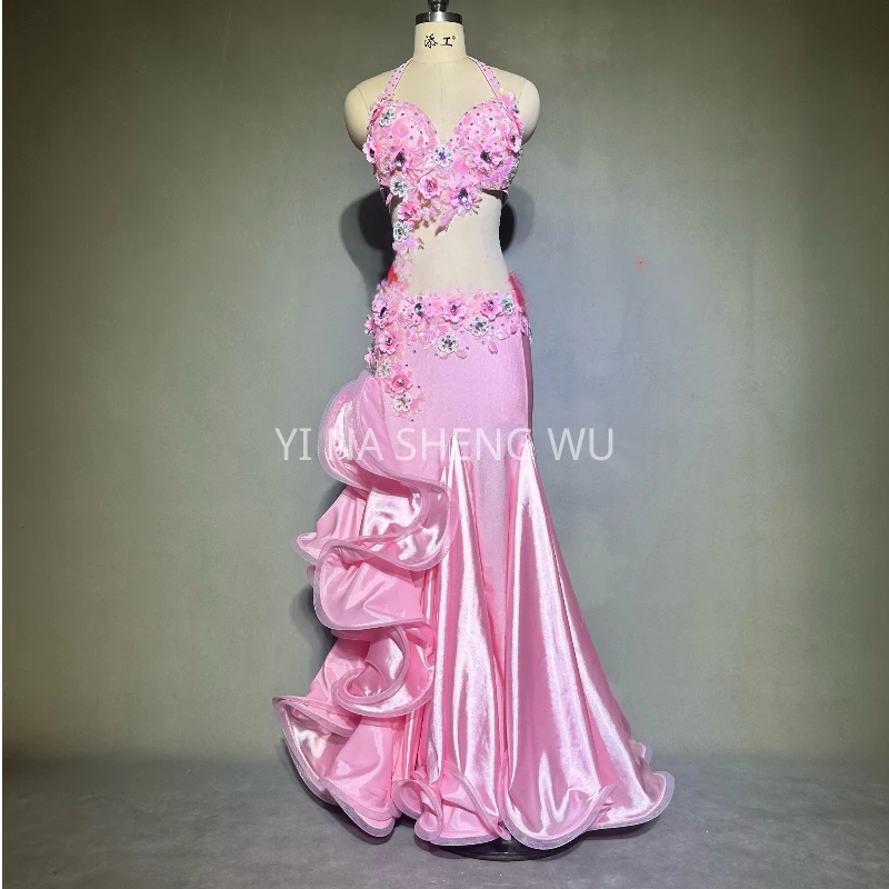 

2pcs Adult Oriental Belly Dancing Competition Clothing BellyDance Outfit for Women's Senior AB Stones Bra+Sexy Fishtail Skirt