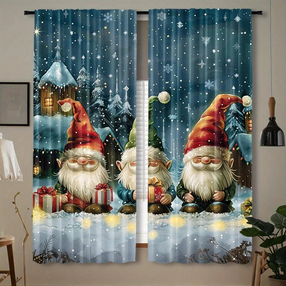 Cute Xmas Dwarf Curtain 2 Panels Snowflake Pine Cabin Gift Box Night Scene Inn Room Curtain Cozy Holiday Kids Bedroom Home Decor