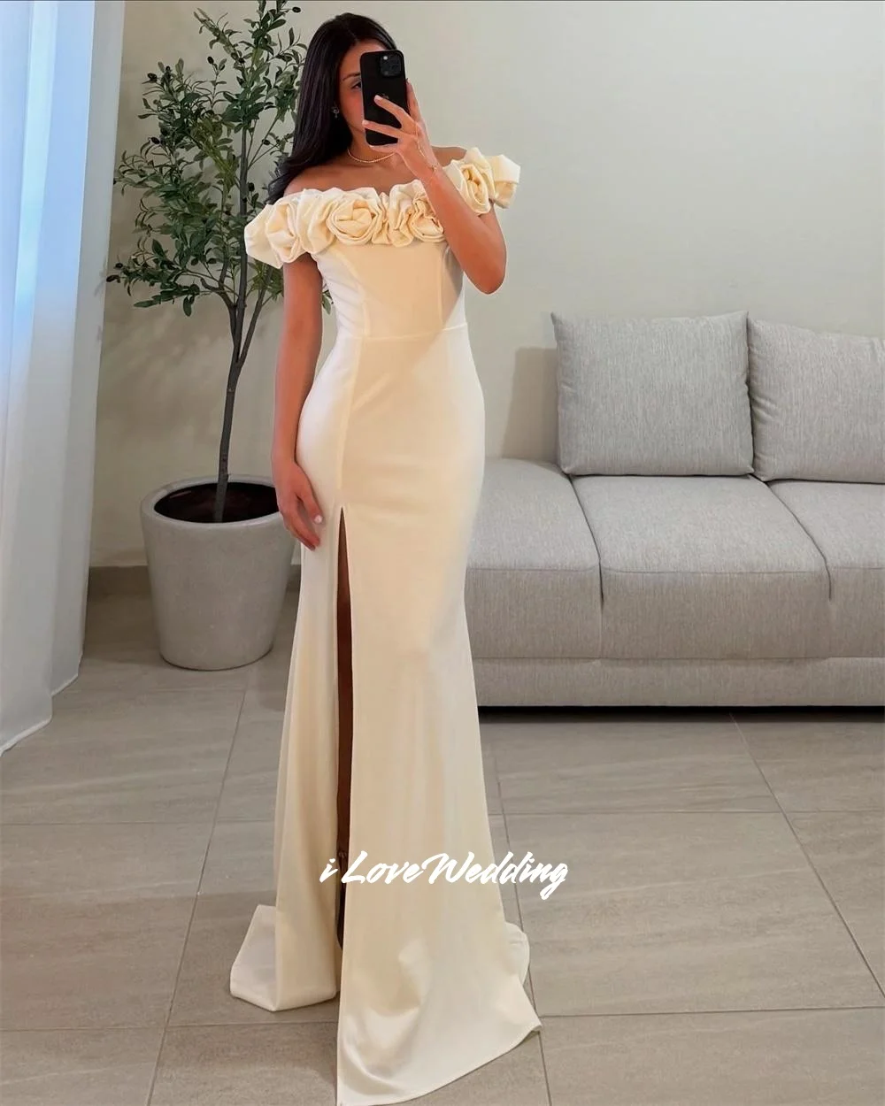 

Women 3D Flower Off the Shoulder Prom Dresses Strapless Mermaid Side Split Party Dress High Quality Floor-Length Pleated Custom