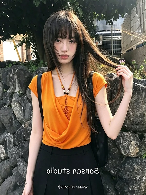 

Stylish Slim Fit Short Sleeve T-Shirt Women's Summer Beautiful Pleated Design Breathable Comfortable Casual Top