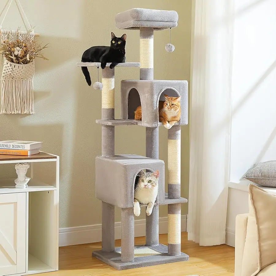 

Cat Tree for Indoor Cats, 62-Inch Multi-Level Cat Tower with Scratching Posts for Large Cats, 2 Bigger Plush Condos, Padded Plat