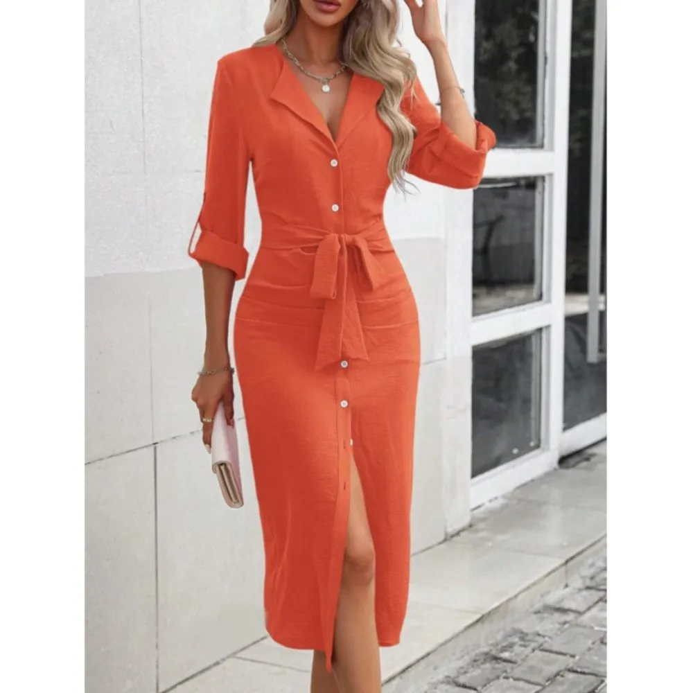 Fashion Sleeve Up Women\'s Waistband Dress Autumn New Solid Color Slim Package hip Elegant Female Single Breasted Shirt Dresses