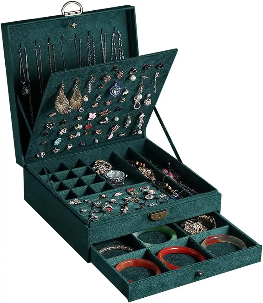 

Women Jewelry Box Lockable 3 Layers Large Jewelry Organizer Storage Case for Earrings Necklaces Rings Bracelets,Green Display