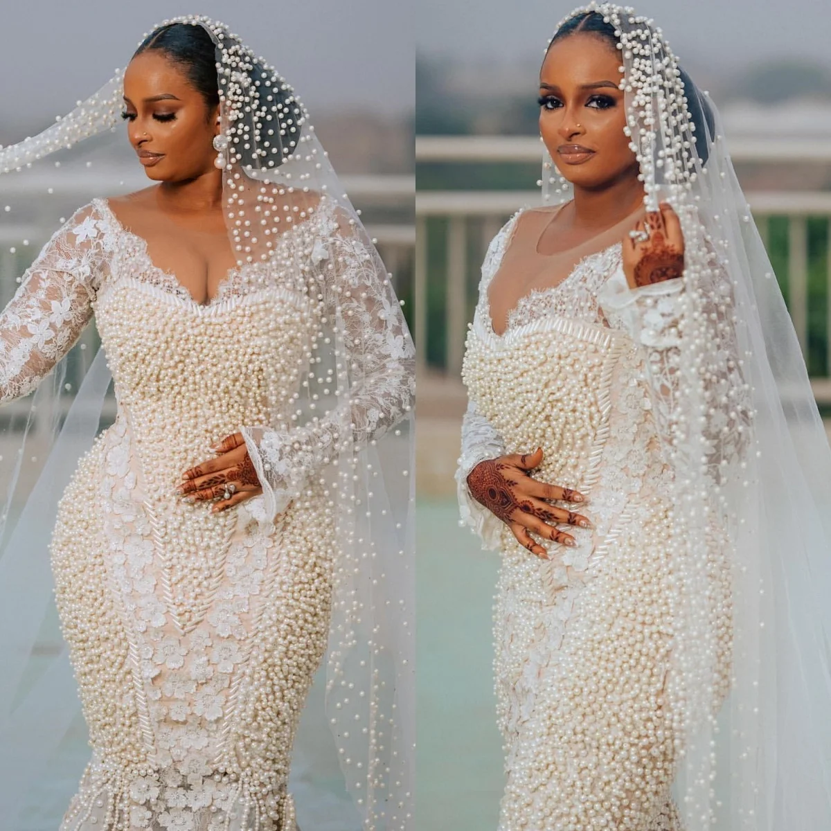 

Luxury Wedding Dresses Pearls Lace Bridal Gowns Mermaid Heavy Handmade Long Sleeves Customized Princess Vestidos De Novia