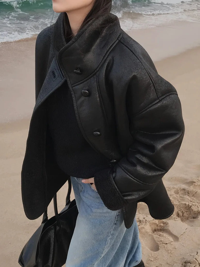 Retro Sle Pelle scamosciata Biker Jaet Cappotto invernale in cotone caldo da donna Capispalla in pelliccia e pelle intercati Sle coreano