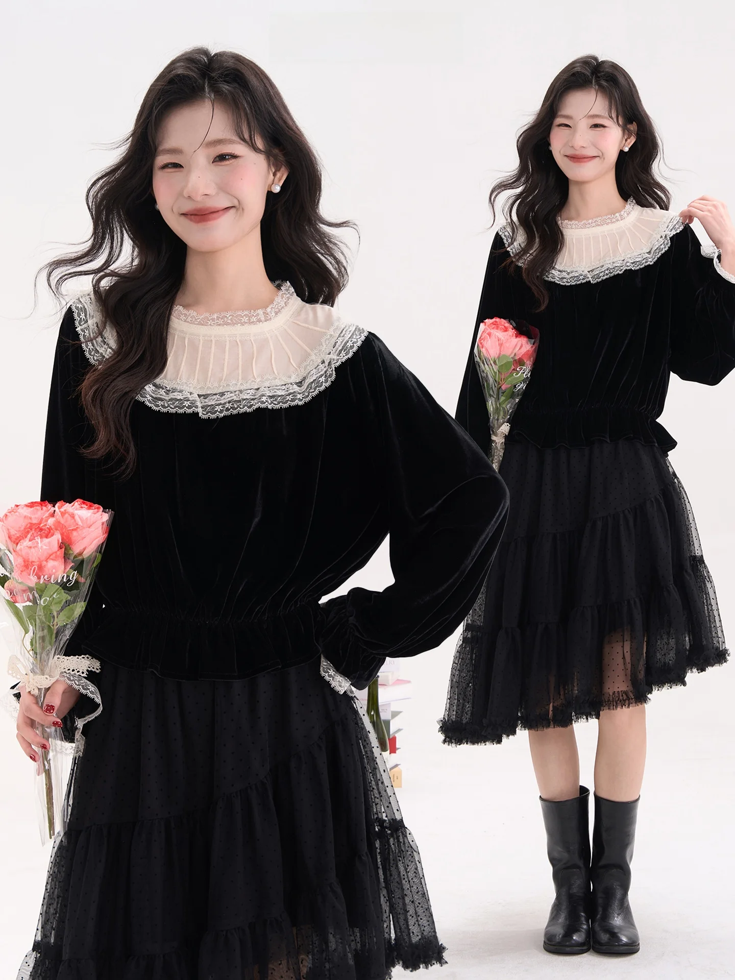 

Velvet Lace round Ne Long Sve Women's Top Spring Faion Retro Sle Loose Fit Knot Hemline Ele Classy