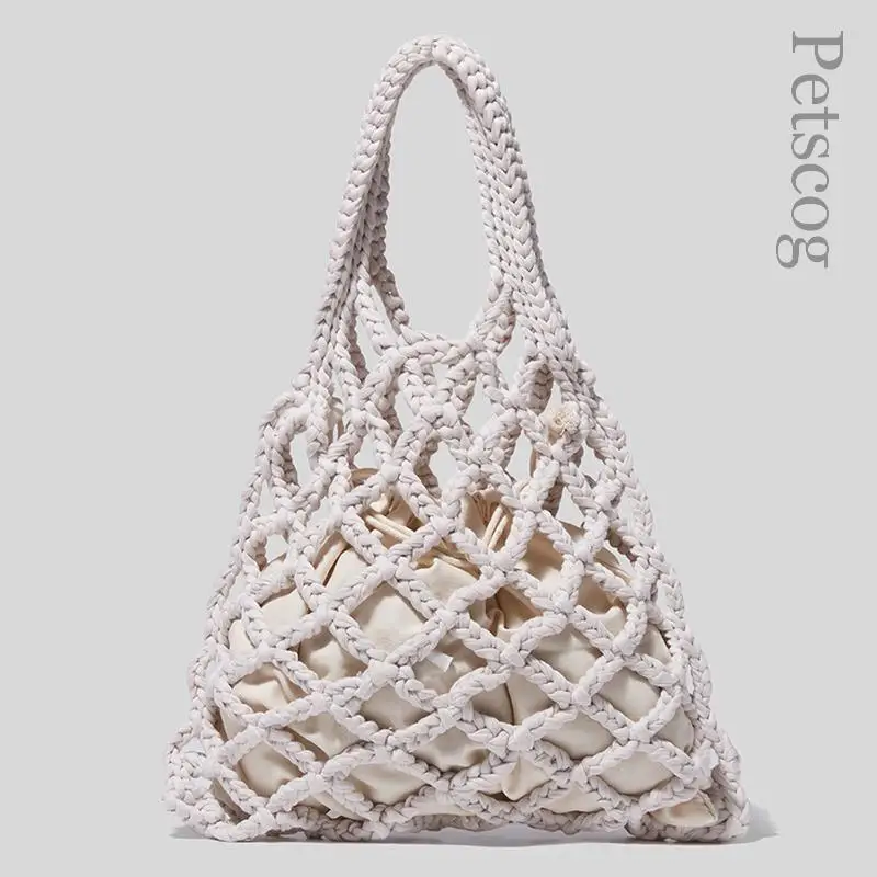 Designer Braided Women\'s Bag Cotton Linen Mesh Handbag Fashion Casual Shoulder Bag Summer Woven Beach Bucket Tote Bags 2022