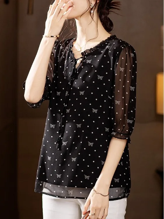 

Женская летняя свободная блузка из шифона с цветочным принтом, повседневный топ с воротником-стойкой из тонкого материала