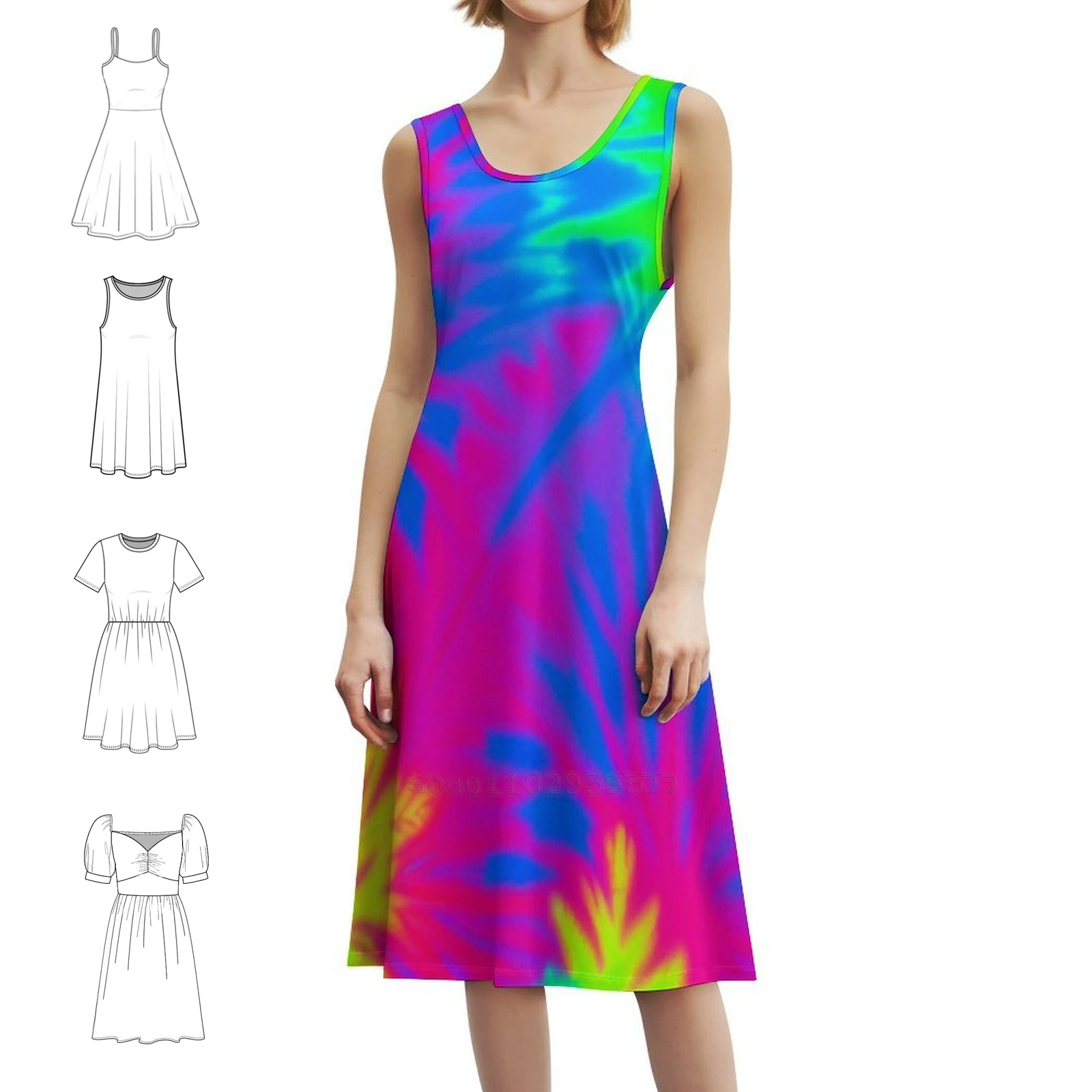 

Неоновое винтажное богемное платье с пышными рукавами или варианты без рукавов для женщин, платье Tie Dye, восьмидесятые неоновые флуоресцентные хиппи