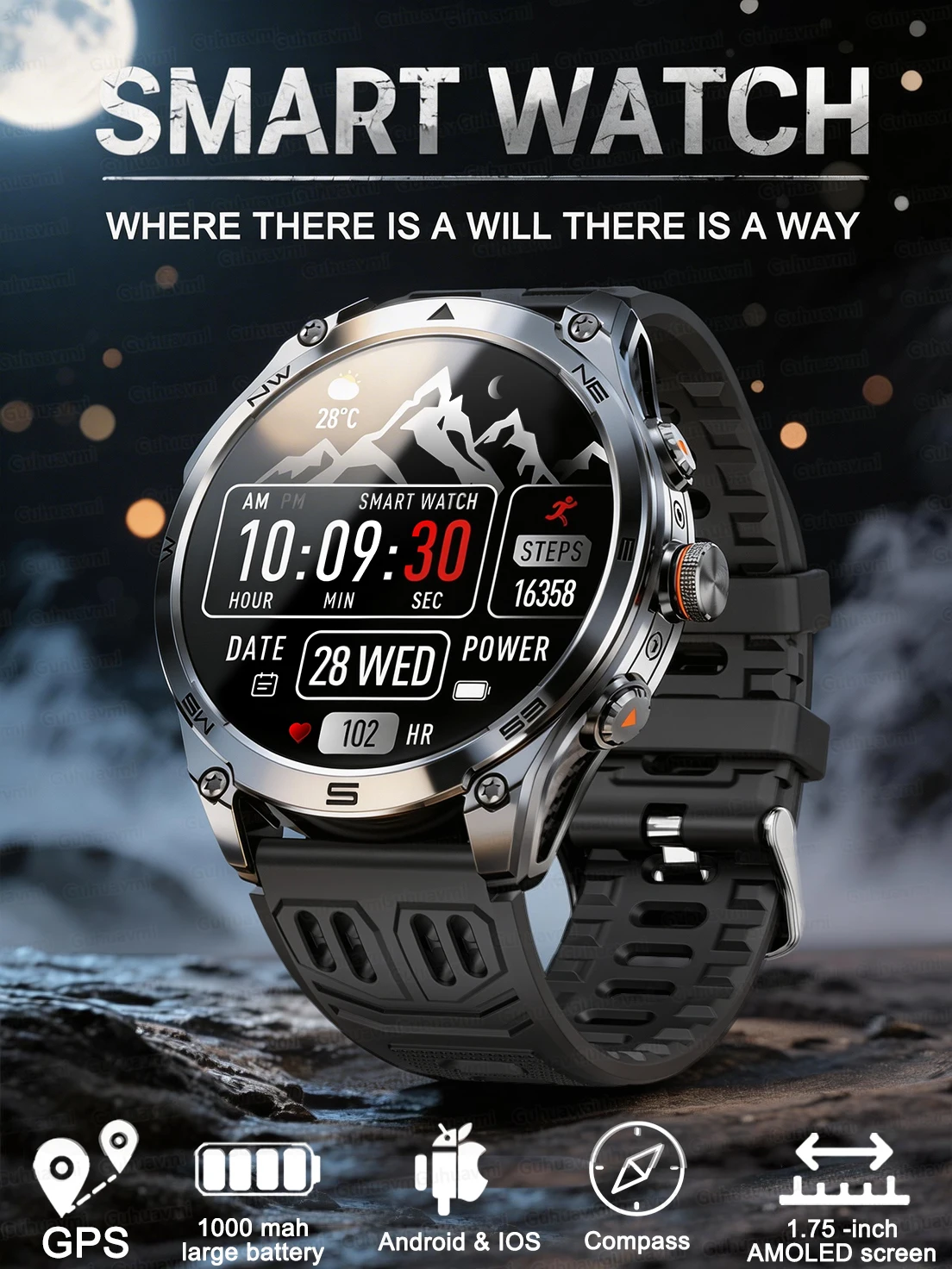 2026 Neue Eingebaute GPS Militär-Smartwatch Kompass Barometrischer Höhenmesser 10ATM Wasserdicht Sport 1000mAh Akku Smartwatches für Herren