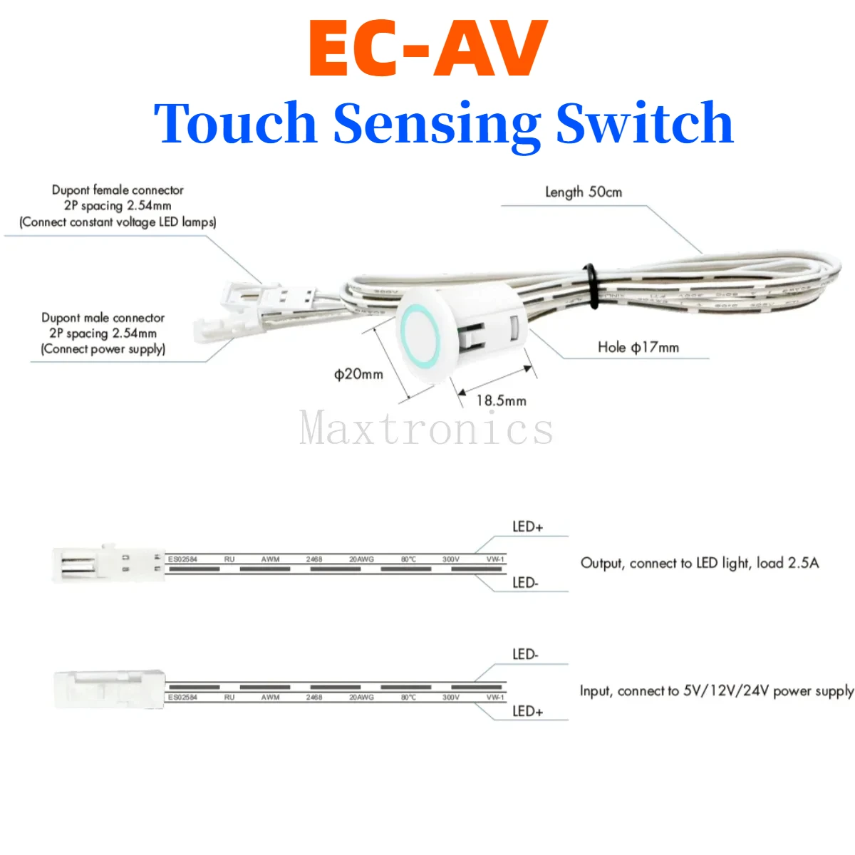 Interruptor de Sensor de detección táctil, atenuador LED de 2.5A, EC-AV para armarios de bajo voltaje, tira de luz Led de un solo Color, DC5-24V