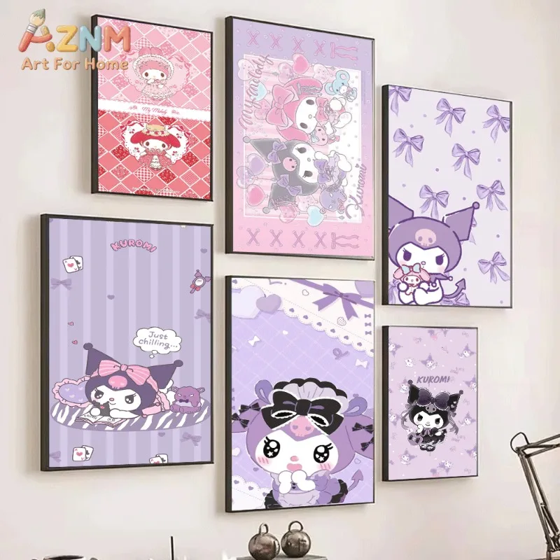 My Melody Kuromi Canvas Poster Cute Sanrio Cartoon Print Unframed Canvas Art Pink Check Bow Moon Fruit Sweet Kawaii Aesth