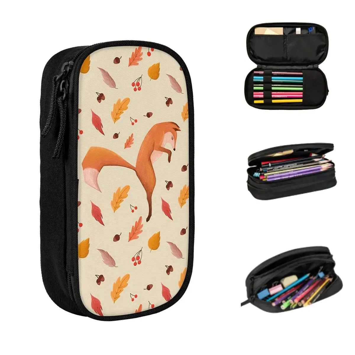 Autumn Leafs Pattern With Fox Pencil Cases Large Capacity Pen Bags Pen Box Pencil Pouch For Boys Girls Students School Office