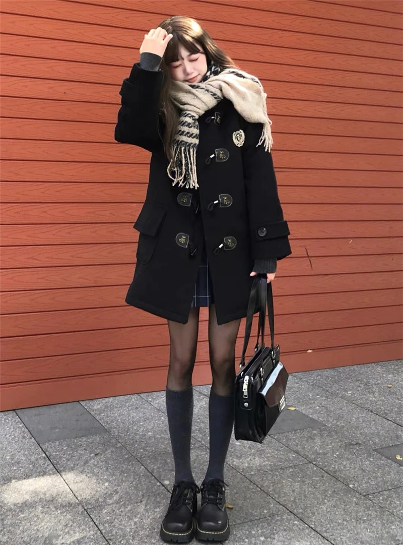 Korean College Style Horn Button Winter Coat Women Black Woolen JK Uniform Medium Length Hooded Coat School Girls Thick Jacket