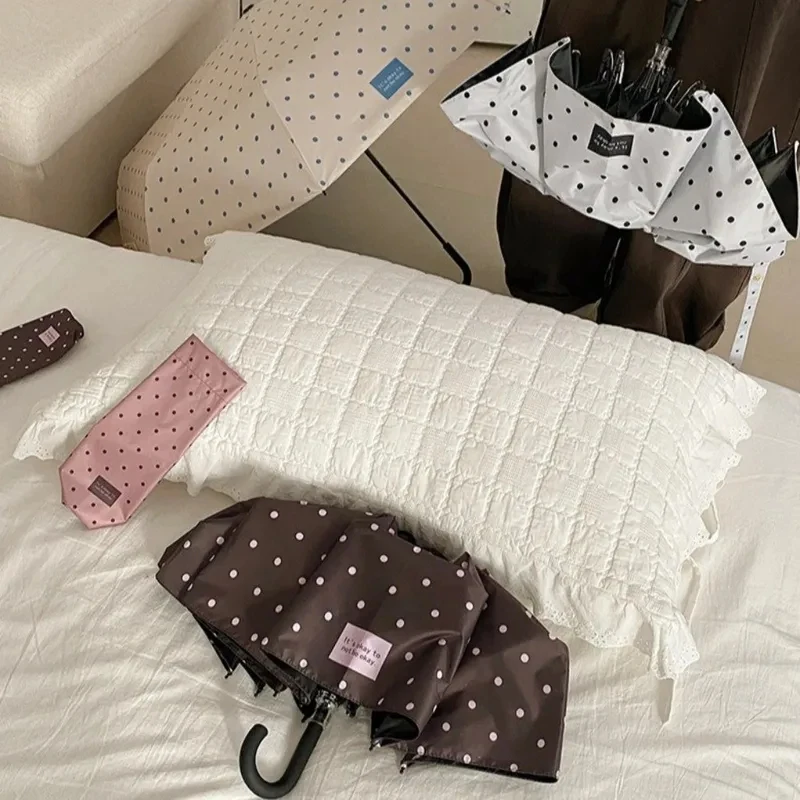 

Summer Polka Dot Folding Umbrella 8 Ribs Windproof U Shape Handle Lightweight Manual UV Sunshade Rainproof Dual Use