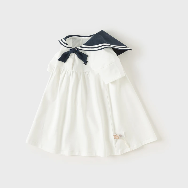 Dave Bella Girls White Dress 2024 New Summer Children\'s Baby Sailor Collar Cute Sweet Fashion Casual Academic-Style DB2241215