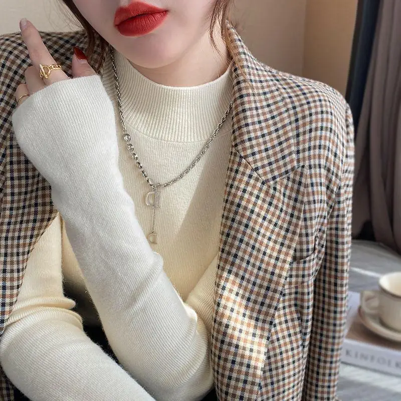 

White Knitted Sweater for Women Long Sve High Collar Autumn Winter New Sle Faionable Slim Fit Top Versatile Base Layer