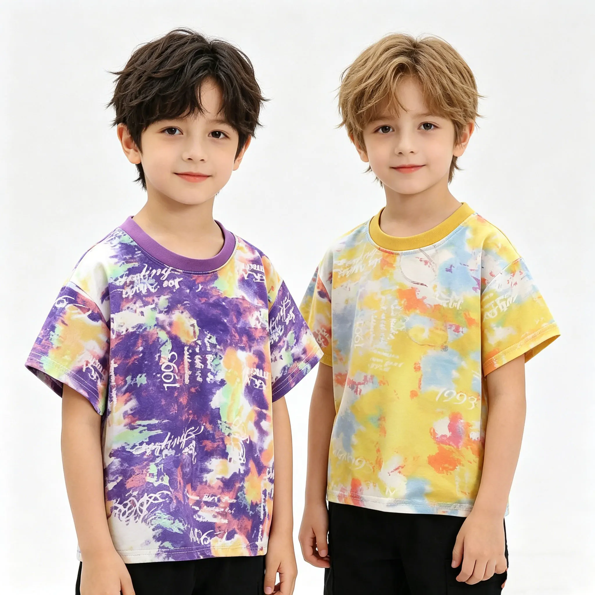 Kinder Tie-Dye T-Shirt Sommer 2026 Jungen Buchstaben-Print Kurzarm-Oberteil Lässiges Weiches Atmungsaktives Baumwoll-Kinder-T-Shirt 1-6 Jahre