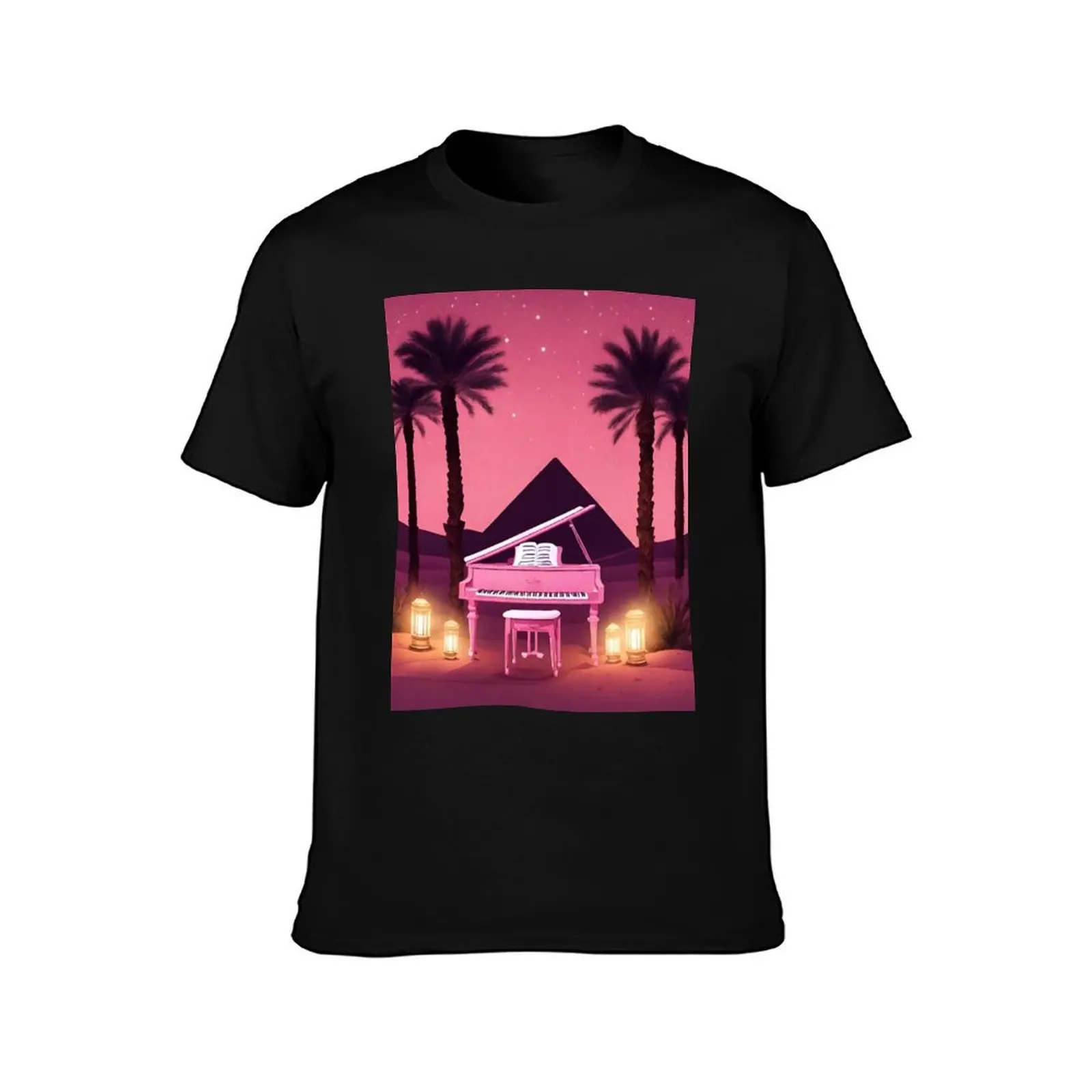 Piano in the Egyptian desert with Pyramids jungles lanterns ancient Rome T-Shirt Summer Casual Cotton Tee Unisex Men Women