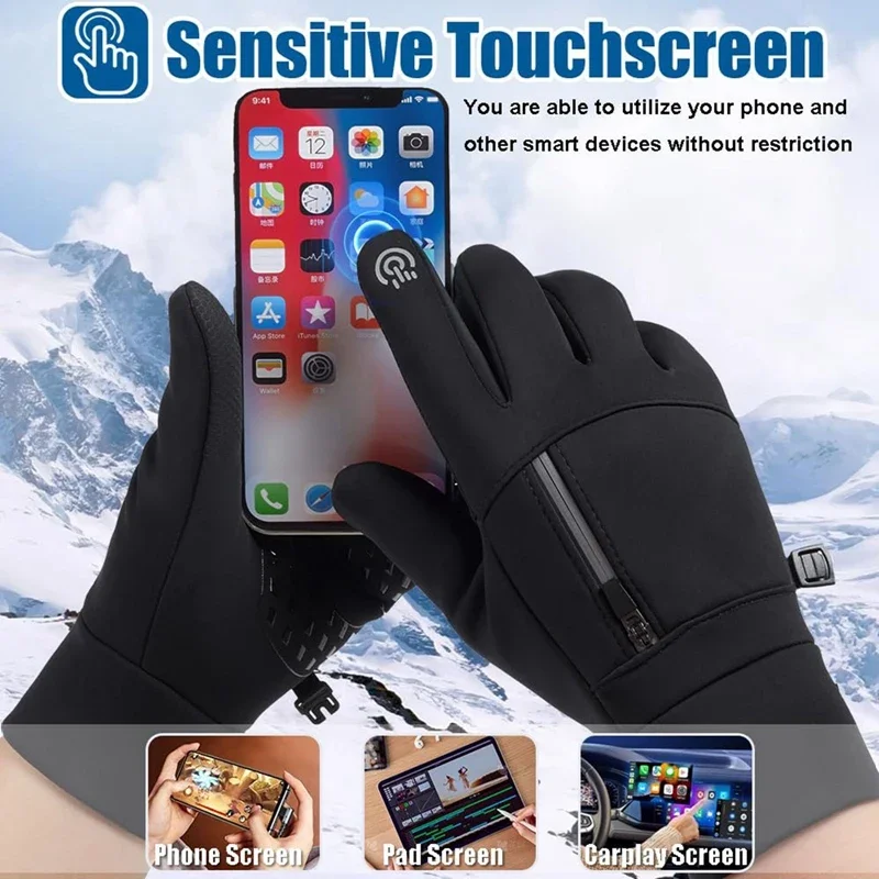 Adults Winter Sports Gloves Men Women Touch Screen Warm Fleece Motorcycle Cycling Gloves Windproof Zipped Pocket Snow Mittens