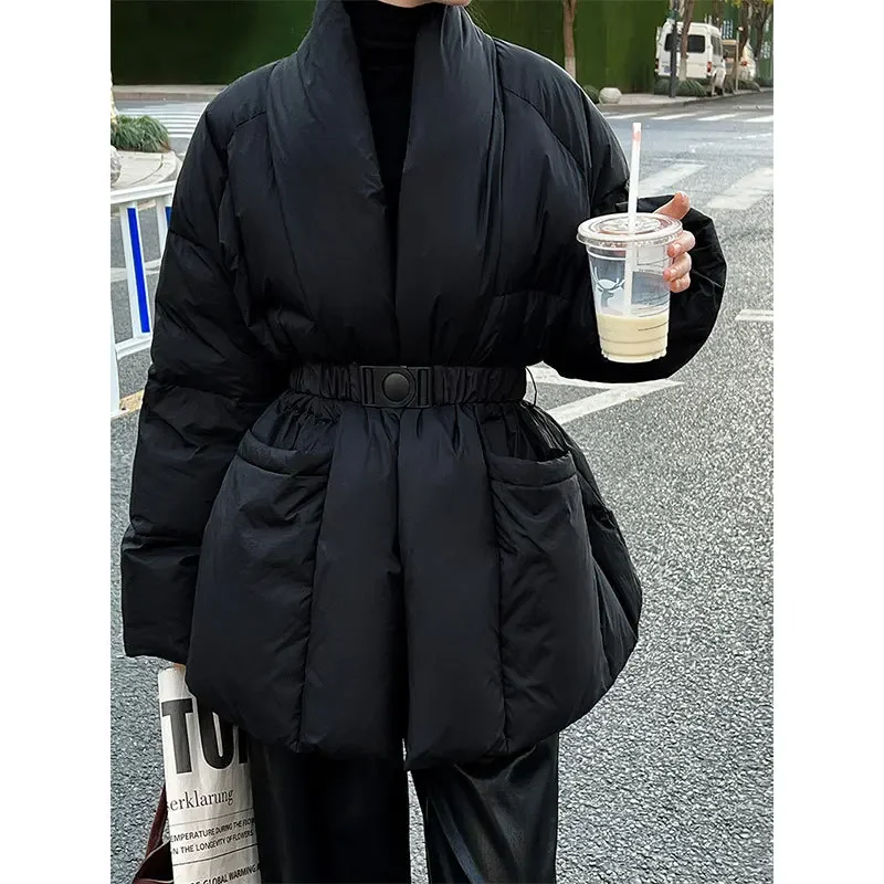 

V-Neck Waist Wrapped Down Coat Female Long Sleeves Solid Color Belt Warm Fashion Streetwear Coats 2025 Winter