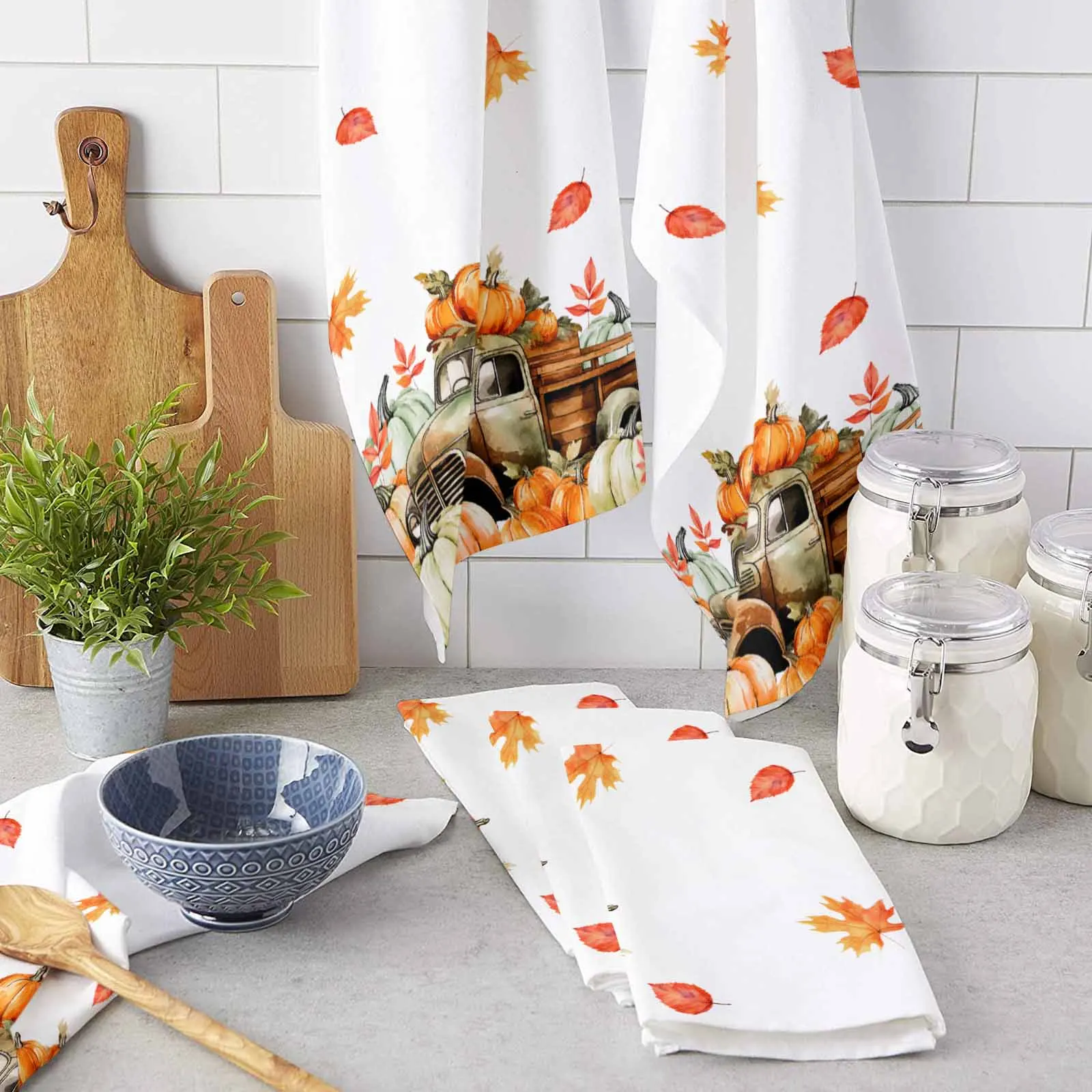 Autumn Plant Truck Pumpkin Maple Leaf Village Hand Towel Kitchen Dishcloth Water Absorption Household Cleaning Cloth