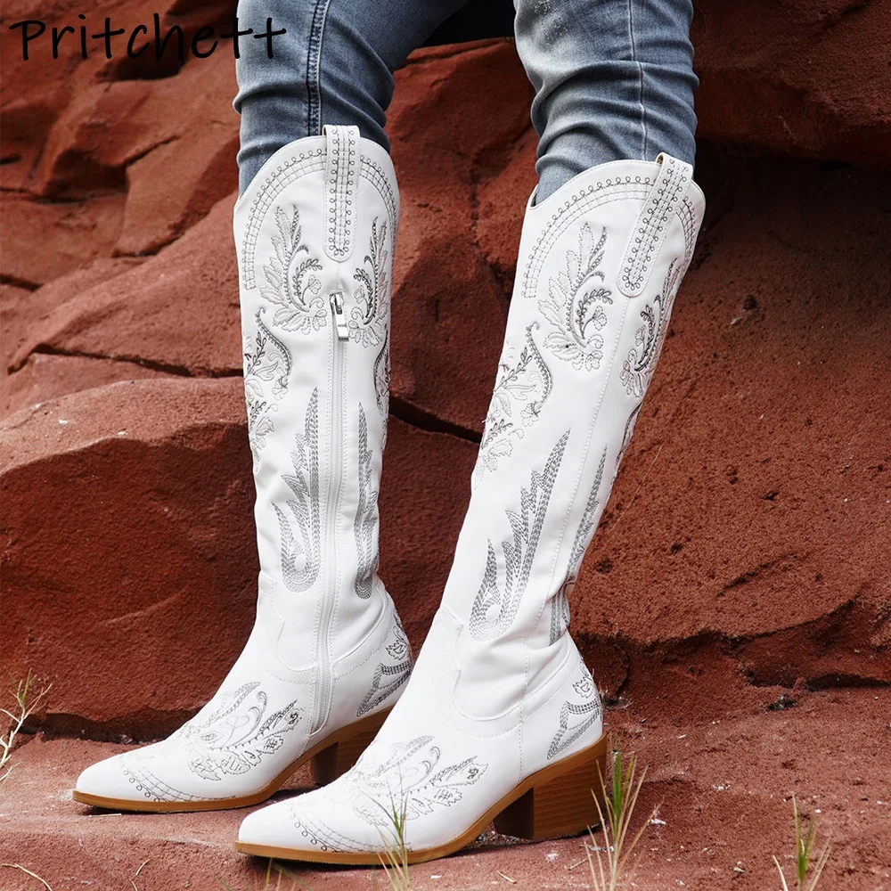 

White Embroidered Knight Boots Round Toe Slip On Chunky Heels Sewing Shoes Women's Winter Concise Leisure Shoes