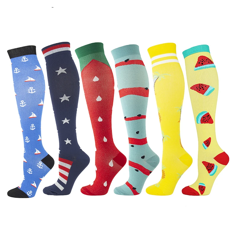 24 Styles Unisex Compression Socks Funny Pattern Fruit Star Stripe Cat Black Socks Outdoor Cycling Long Pressure Stockings High