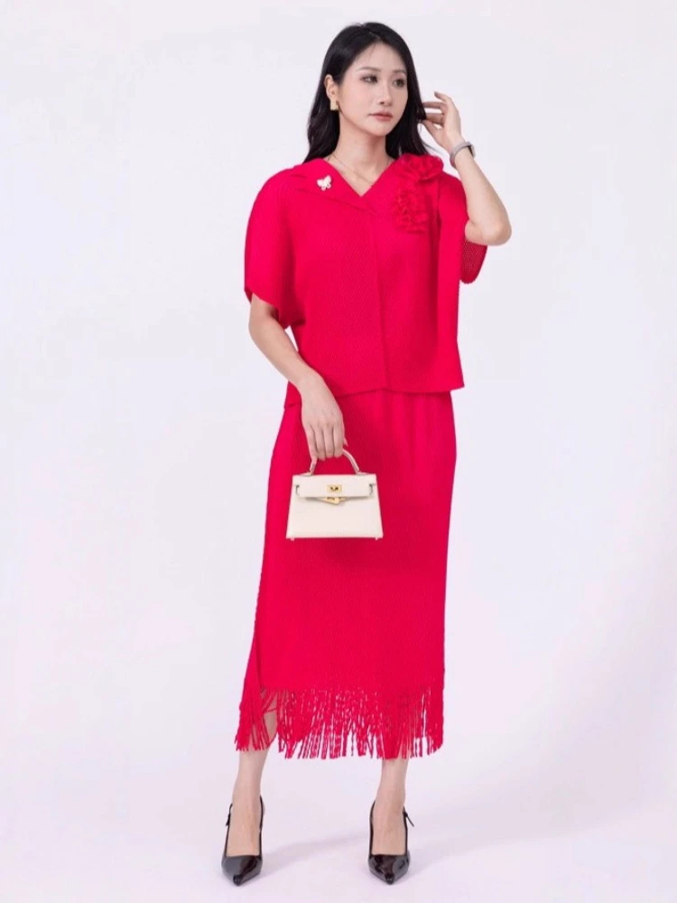 

Miyake fish scale pleated flower v-neck pullover top women's suit fashionable loose solid color women's two-piece set summer new