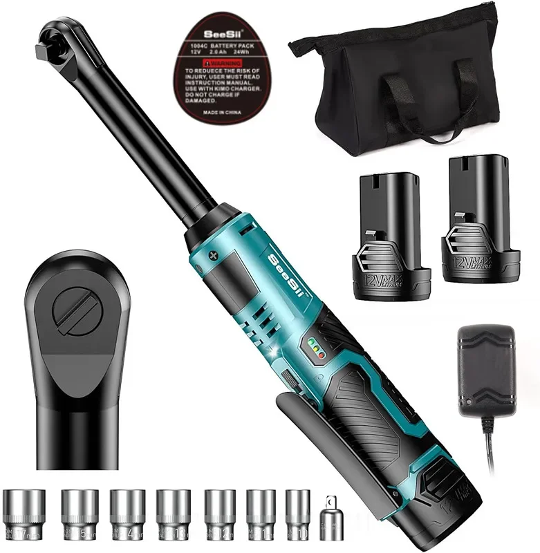 

SeeSii-RT800L Electric Ratchet Wrench 3/8" Extended 40Ft-lbs 6" Cordless Torque Wrench 2x2Ah Batteries 400RPM Variable Speed