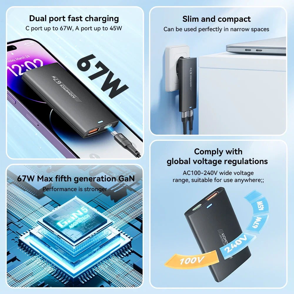 67W USB C GaN Ultra-Slim Fast Charger Dual Port PPS PD Foldable Wall Charger Fast Charging Block for IPhone 14 13 Samsung Laptop