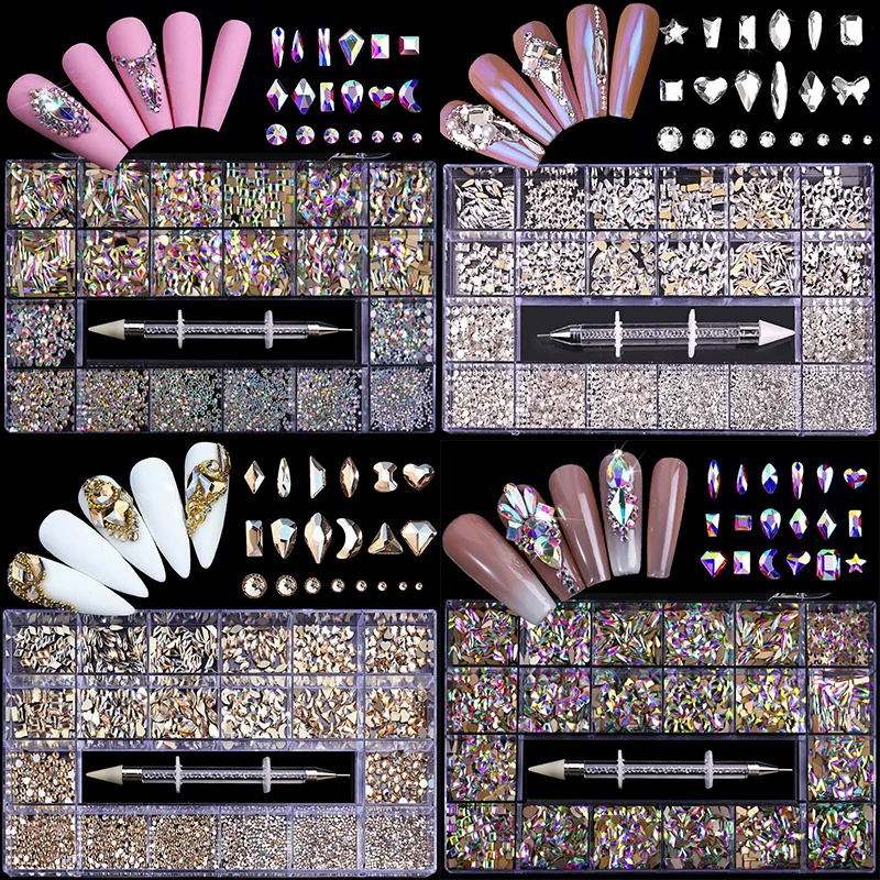 Luxury Shiny Diamond Nail Art Rhinestones Crystal Decorations Set AB Glass 1pcs Pick Up Pen In Grids Box 21 Shape of 2800pcs