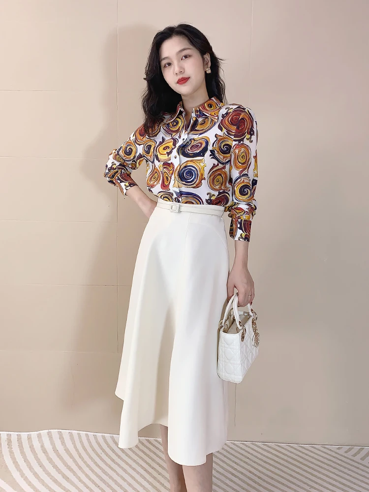 

Tangmi Home 00% Silk Spring 2024 Early 8 Momme Double Gauze Printed High-End Women's irt Straight Cut Long Sve