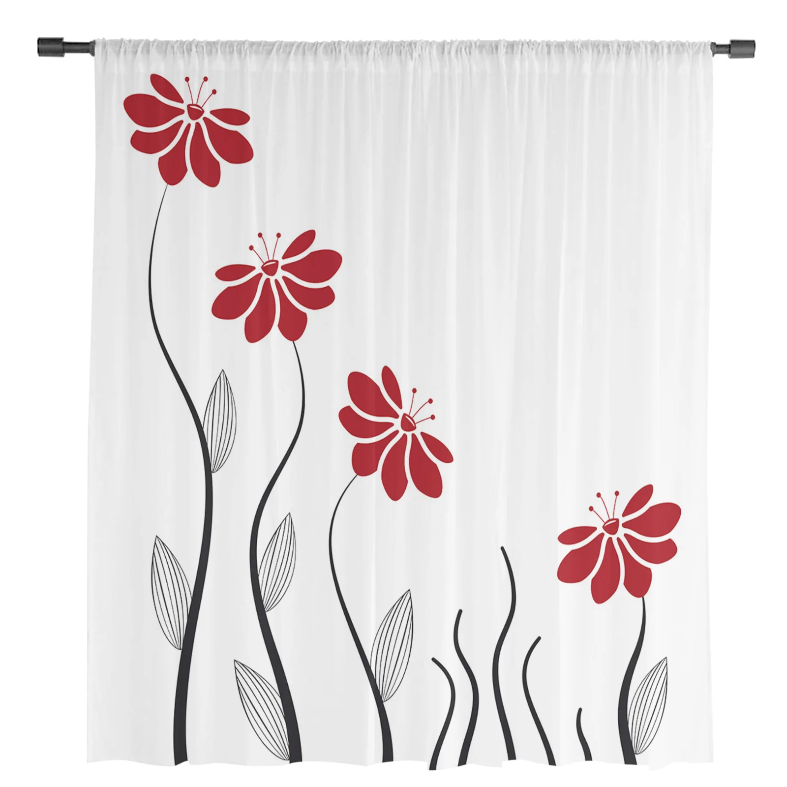 Red Flower Lines Plant Sheer Curtains for Living Room Decoration Window Curtains for Kitchen Tulle Voile Organza Curtains