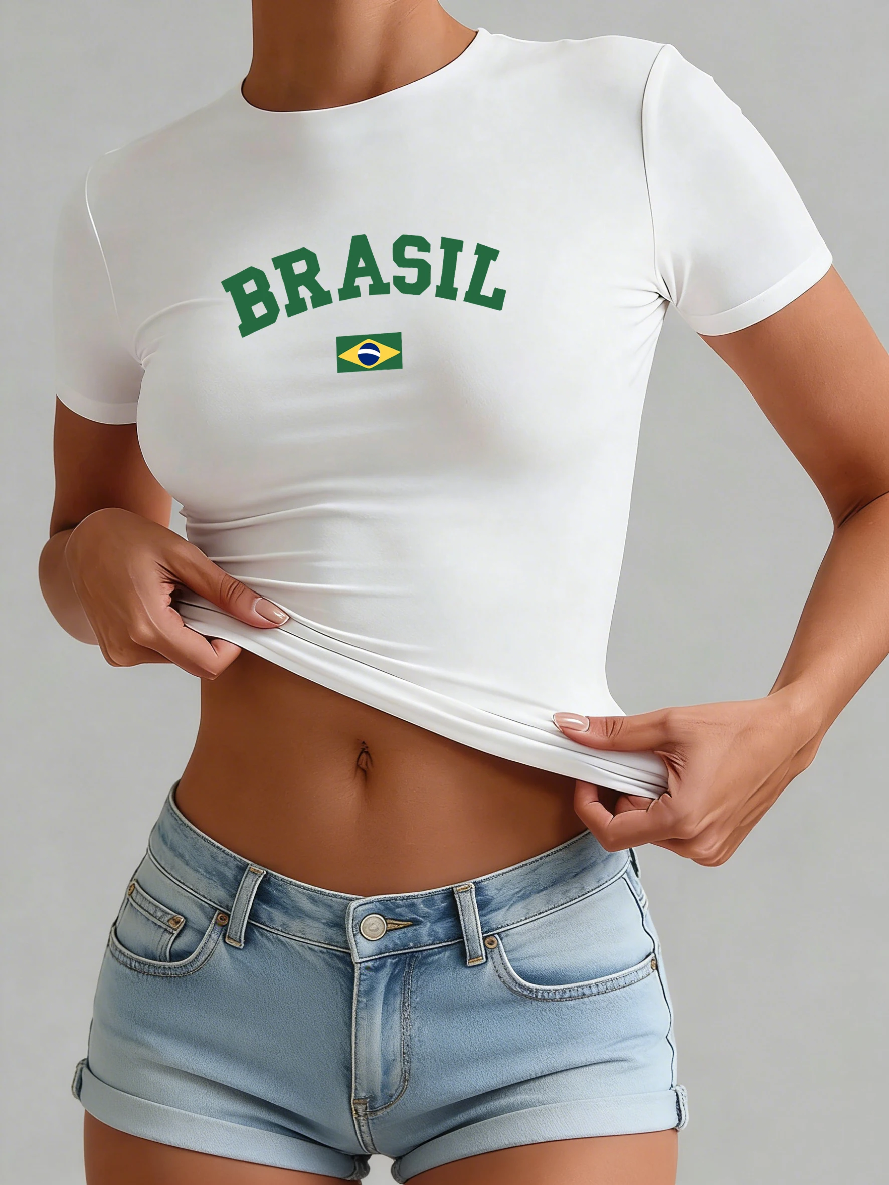 Brasilien Flagge Einfache Druck Damen Y2K T-Shirts Hip Hop Casual T Shirt Yoga Schlank Kurzen Ärmeln Sommer Crewneck Frau Streetwer