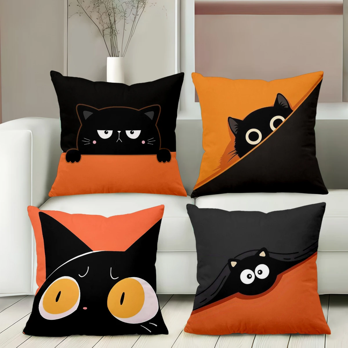 Cute Black Cat Pattern Orange And Black Throw Pillows Polyester pillowcase, sofa decorative cushion cov Headboard Pillow