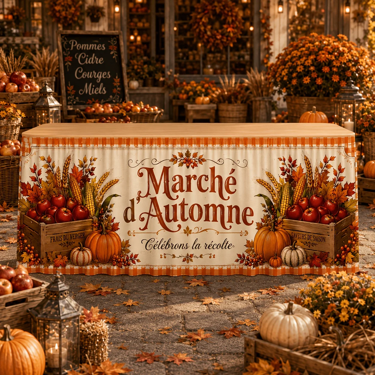 1 Vintage Farmhouse Table Dress with Pumpkin Apple Corn Harvest Pattern - Fall Tablecloth for Thanksgiving