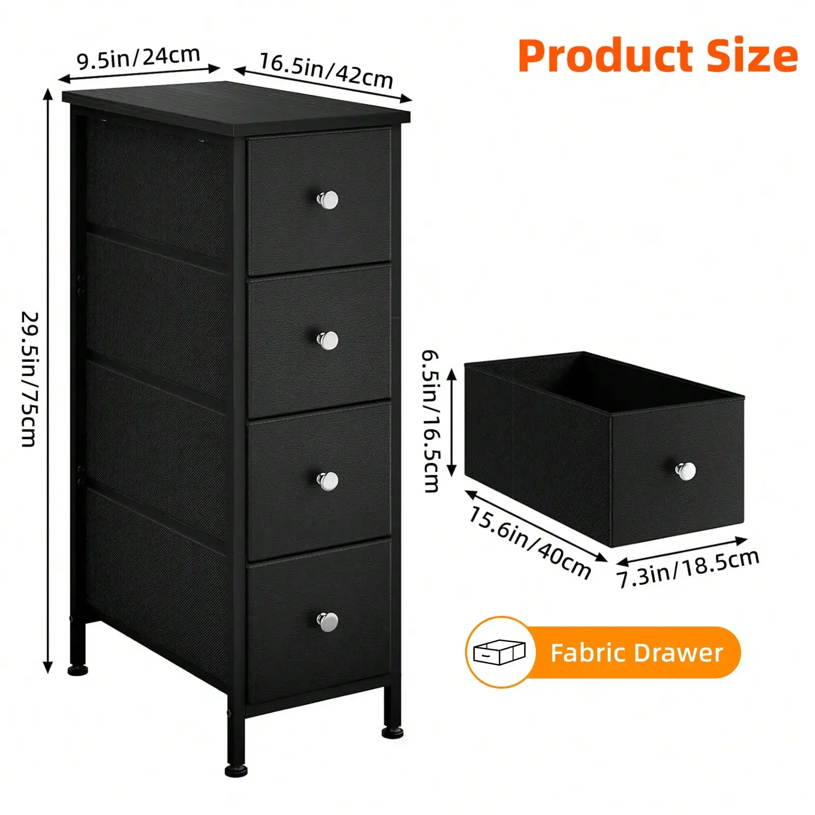 4-Drawer Narrow Bathroom Storage Organizer 9.5x16.5x29.5in White Slim Fabric Dresser Cabinet for Small Bathroom Laundry Room