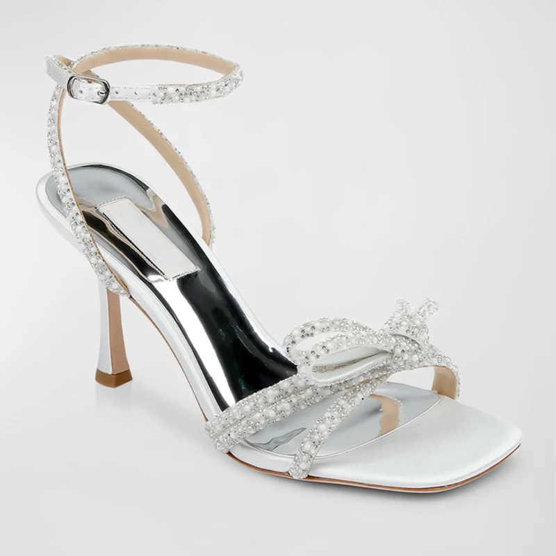 

Glitter Crystal Knot Cocktail Sandals Open Toe Sandals Simple Rhinestone Pearl Wedding Luxury Party High Heel Women Stiletto