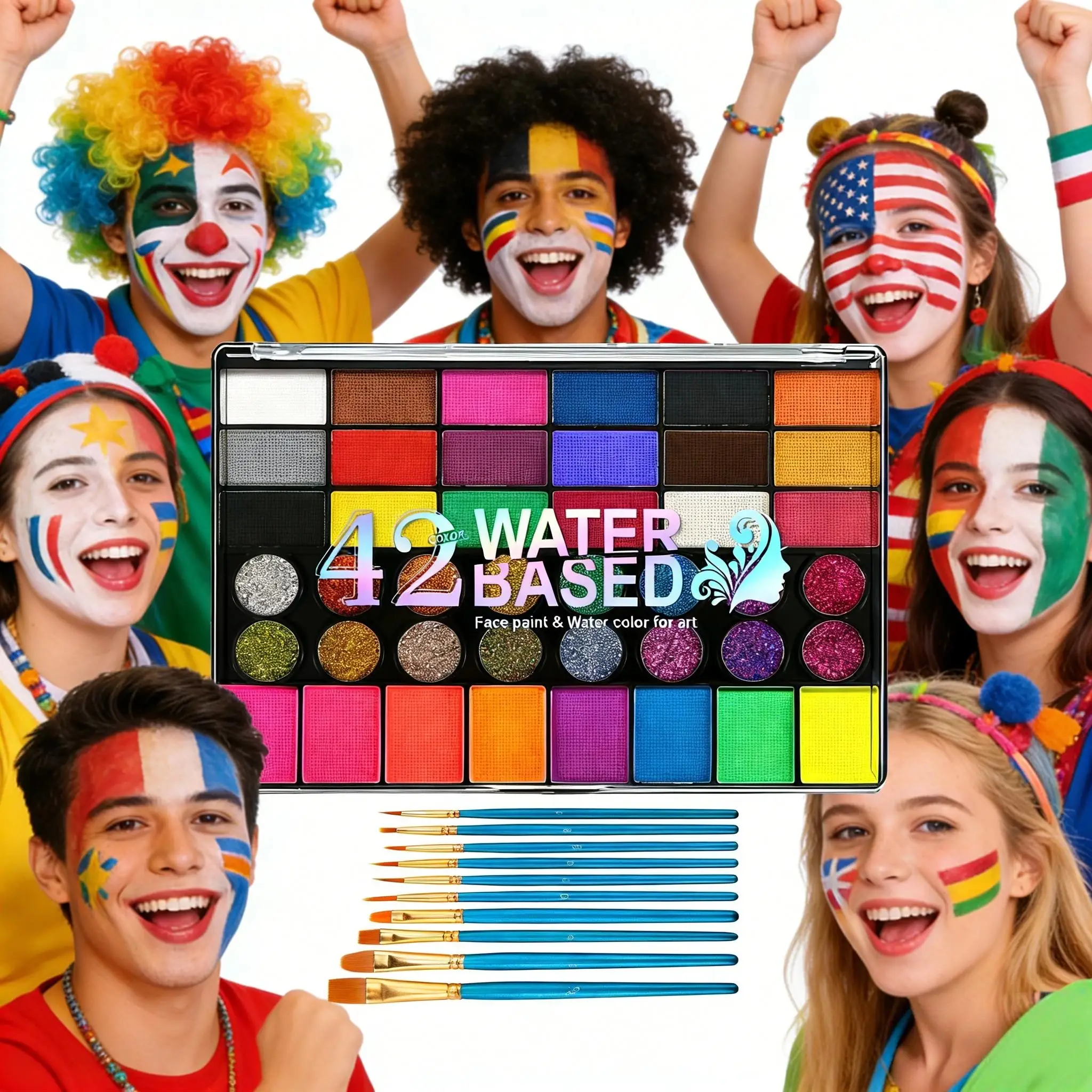 42 Colors Water Based Face & Body Paint Kit with 10 Brushes, Safe Non-Toxic Washable Face Paint Palette for Cosplay Party Makeup