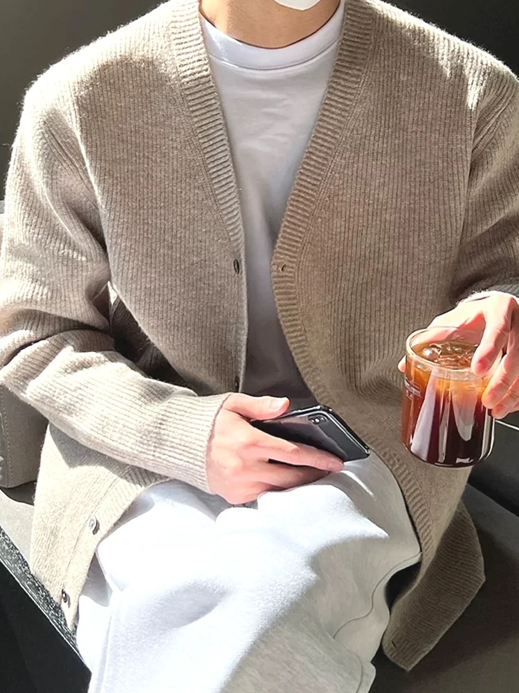 

Мужской корейский вязаный шерстяной кардиган на пуговицах с V-образным вырезом, приталенный, с длинным рукавом, удобный, дышащий, осенний