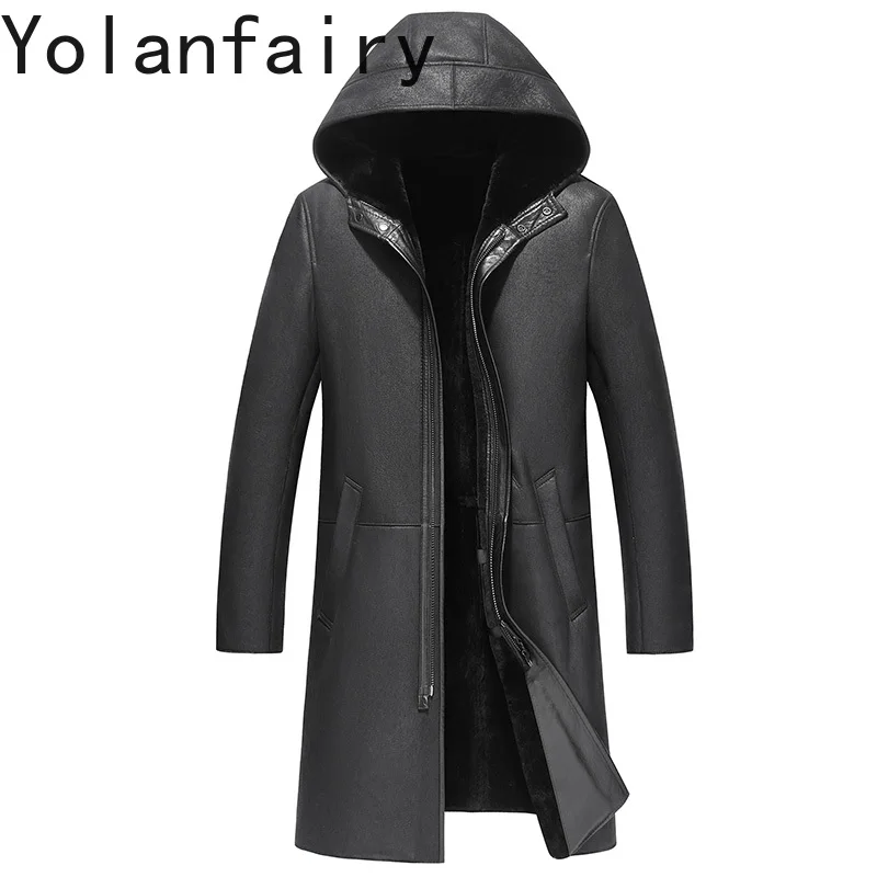 

YOLANFAIRY куртка из натуральной кожи мужская с капюшоном зимняя длинная теплая шуба из натуральной шерсти мужские модные черные плащи ветровка