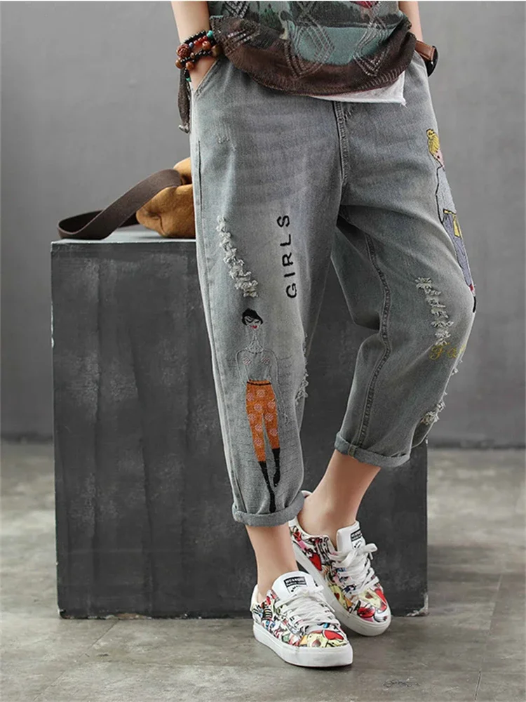 6859 New Fashion Korea Style Vintage Hole Girl Embroidery Ankle-length Denim Jeans Female Casual Loose Harem Pant Trousers Cloth