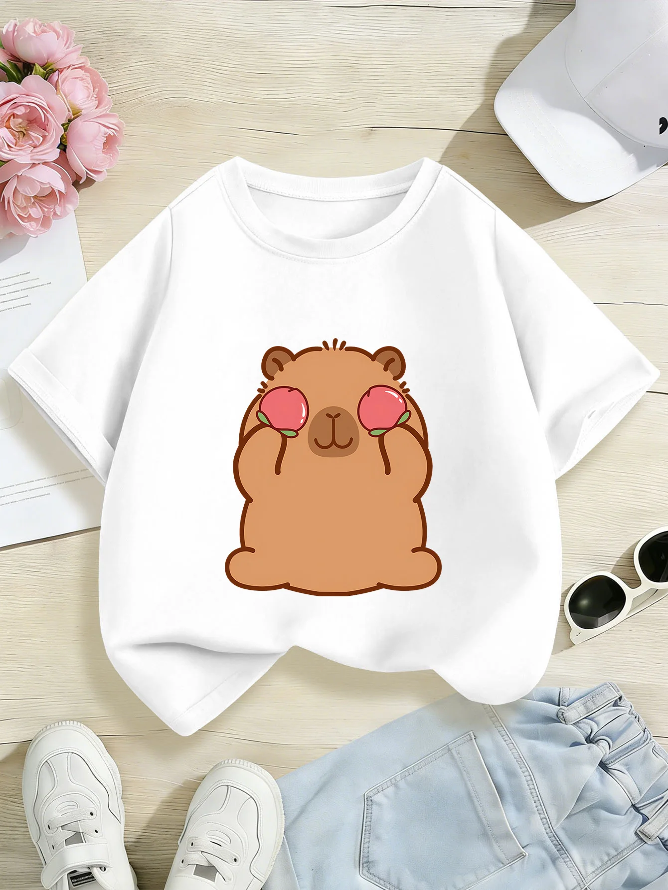 Cute Capybara Holding Peach Graphic Print Kids Tee Boys Girls Family Matching Cotton Crew Neck Short Sleeve Soft Summer Tee