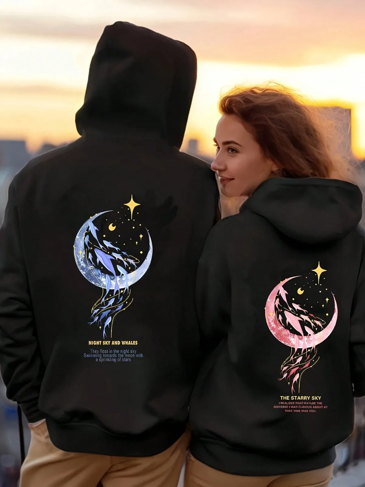 1 قطعة [نمط الزوجين] عارضة أزياء القمر ستار نمط مطبوعة مطابقة زوجين هوديي مريحة فضفاضة هدية عيد الحب هوديي