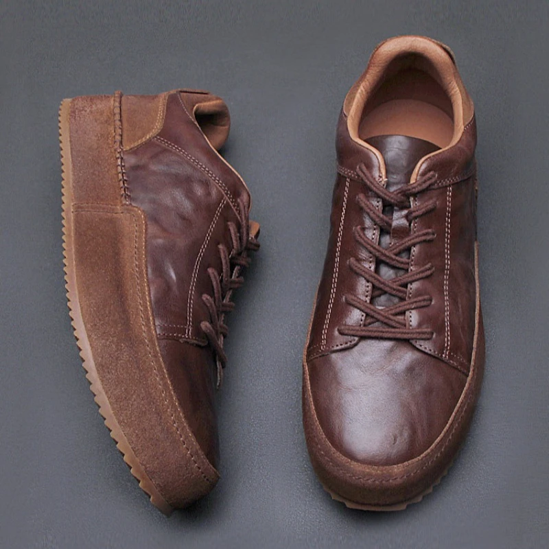 European Fashion Washed Cowhide Board Shoes Men's Outdoor Retro Casual Genuine Leather Lightweight Work Thick Sole Shoes Male