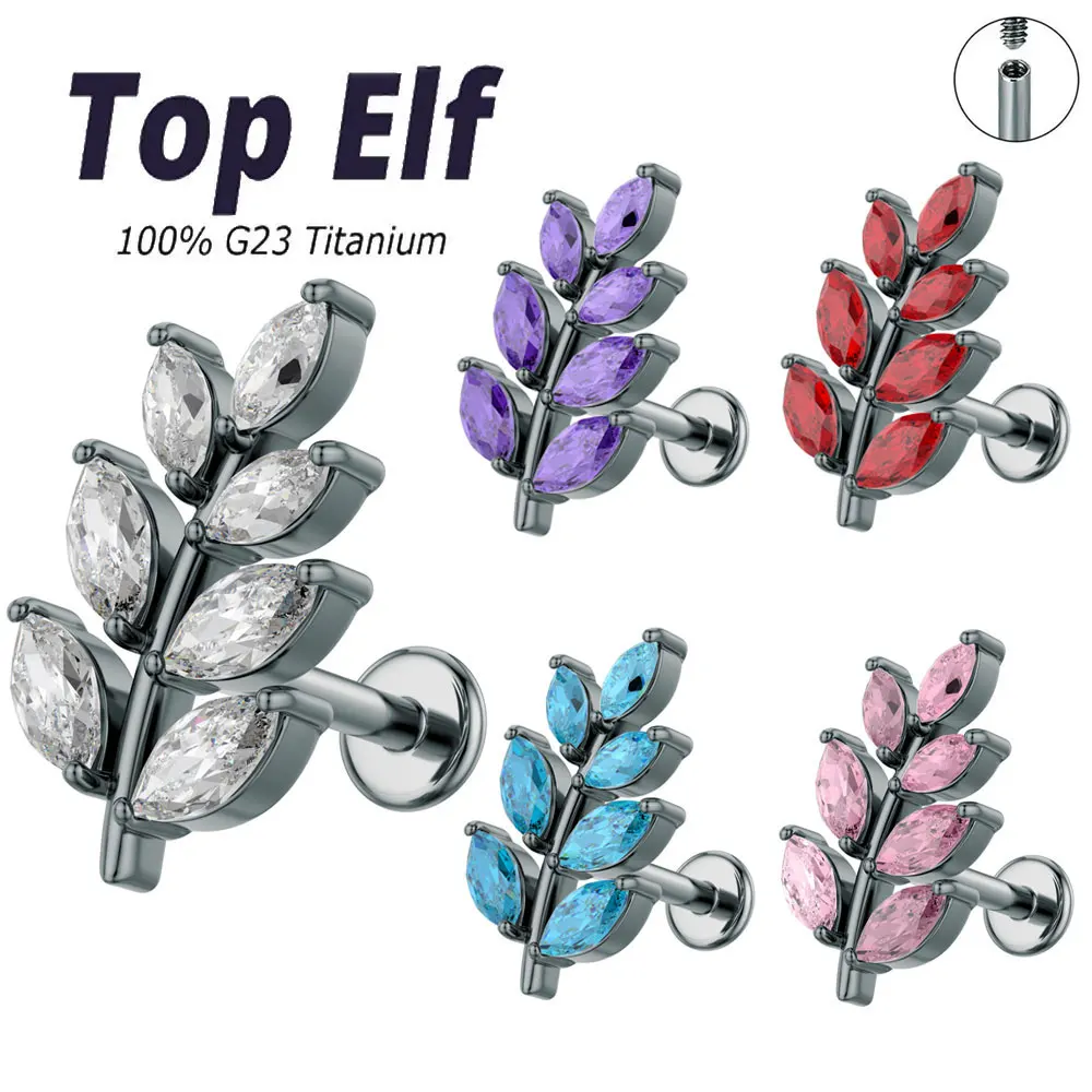 2024 Newest G23 ASTM F136 Titanium 16G Leaf CZ Stone Flat Back Stud Earring Helix Cartilage Monroe Medusa Tragus Piercing