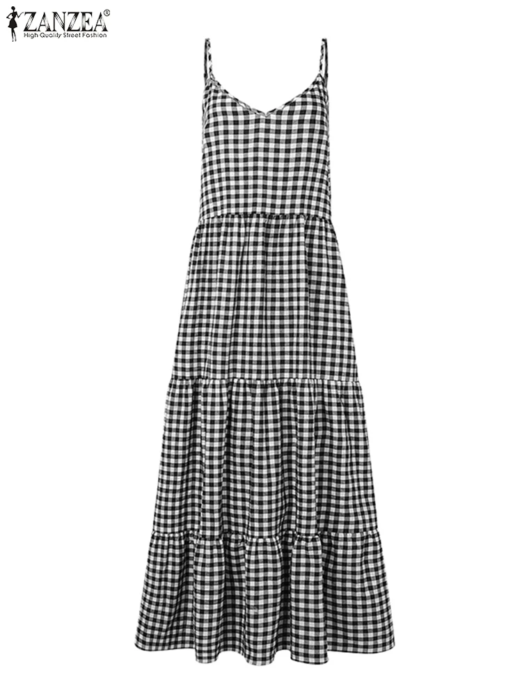 Sukienka damska ZANZEA w kratę, rozmiar plus size 5XL, długa, letnia, bez rękawów, na imprezę, Vestidos, falbanki, vintage, dekolt w serek, styl bohemy, maxi, sukienka letnia 2025